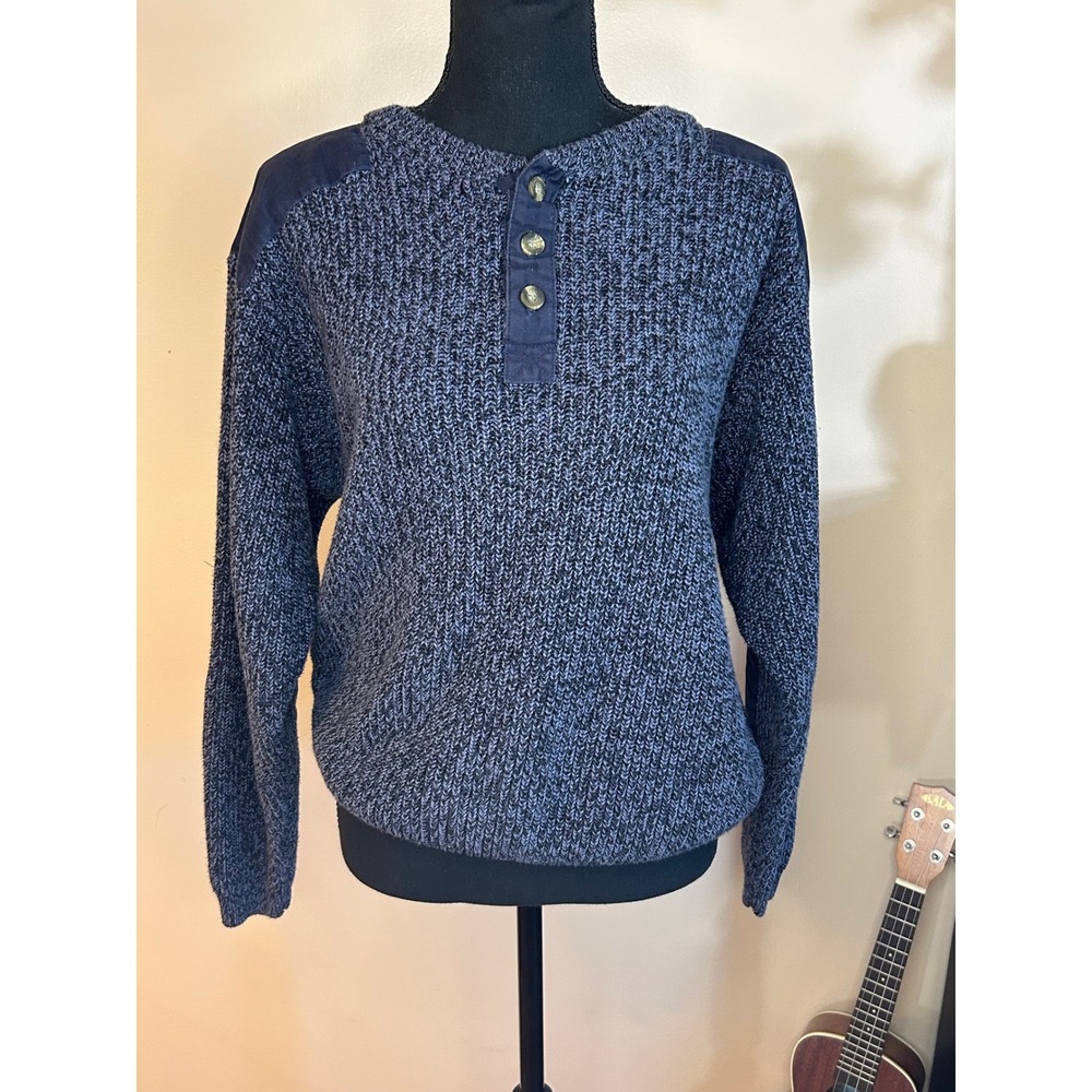 Eddie Bauer Mens Small Gray Blue Marled Cotton Knit Sweater Elbow Patches